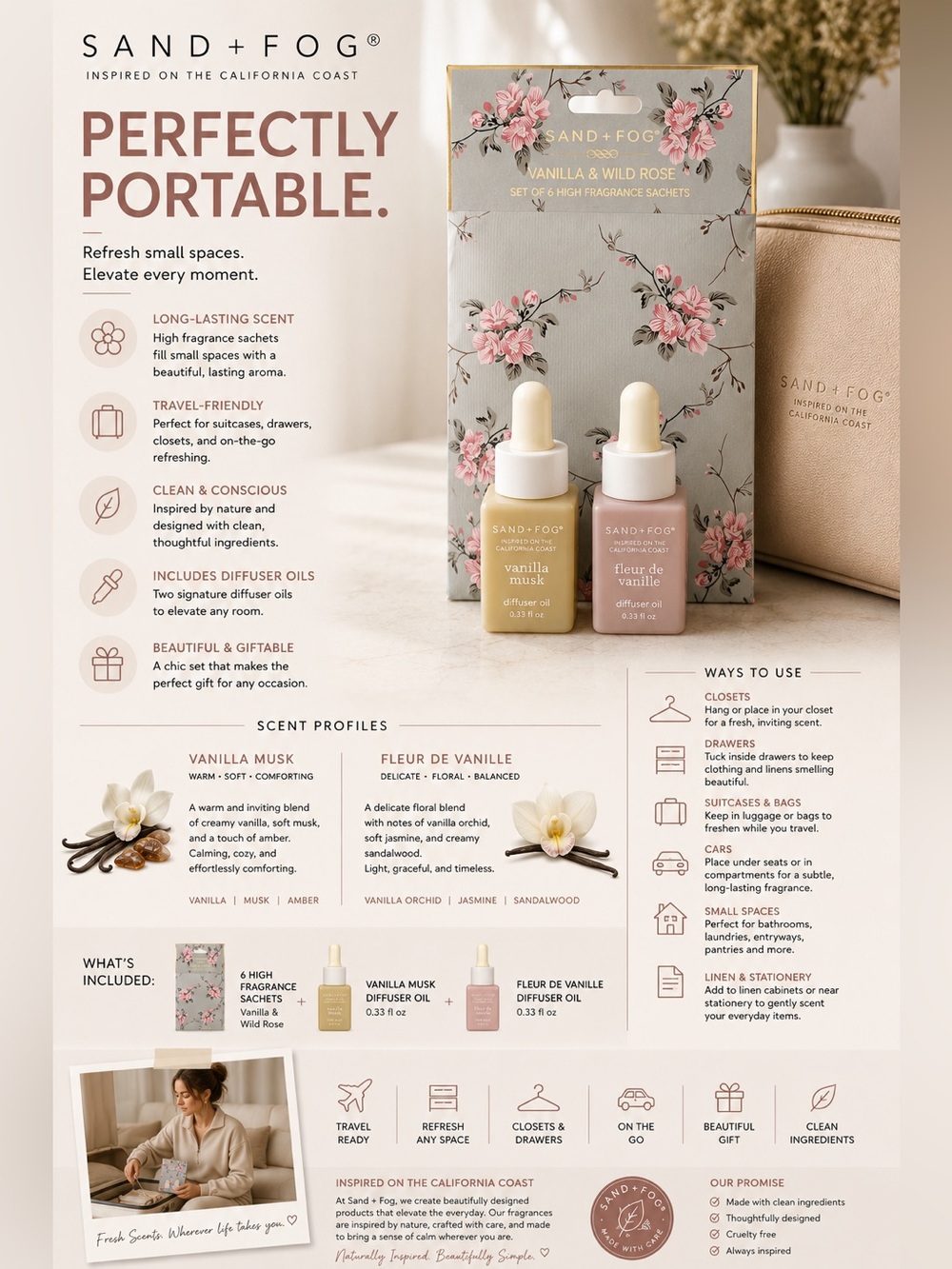 SAND + FOG Vanilla & Wild Rose Fragrance Bundle Luxurious Diffuser Oils Sachets